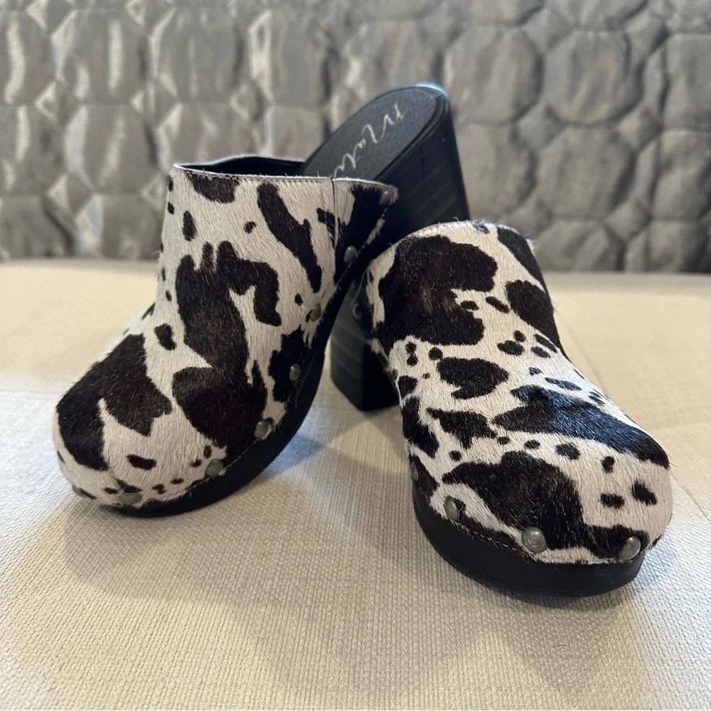 Matisse Black and White Cowhide Studded Platform Clogs - Picture 7 of 10